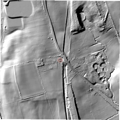 Shaded relief map of the ground around S728RE, computed from Environment Agency LiDAR. The ground here sits at about 54 m above sea level and falls 27 m across the surrounding 800 m. Surface water reaching this point runs off ground lying to the north-north-west, 8.7 m higher.