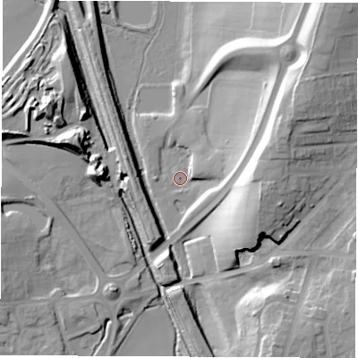 Shaded relief map of the ground around S728UX, computed from Environment Agency LiDAR. The ground here sits at about 39 m above sea level and falls 36 m across the surrounding 800 m. Surface water reaching this point runs off ground lying to the east-north-east, 6.8 m higher.
