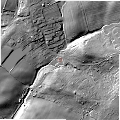Shaded relief map of the ground around S729AB, computed from Environment Agency LiDAR. The ground here sits at about 71 m above sea level and falls 29 m across the surrounding 800 m. Surface water reaching this point runs off ground lying to the east-north-east, 17.9 m higher.