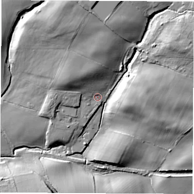 Shaded relief map of the ground around S729BG, computed from Environment Agency LiDAR. The ground here sits at about 64 m above sea level and falls 29 m across the surrounding 800 m. Surface water reaching this point runs off ground lying to the north-west, 12.7 m higher.