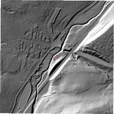 Shaded relief map of the ground around S72AB, computed from Environment Agency LiDAR. The ground here sits at about 108 m above sea level and falls 78 m across the surrounding 800 m. Surface water reaching this point runs off ground lying to the south-south-east, 71.6 m higher.
