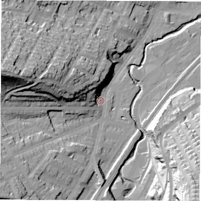 Shaded relief map of the ground around S72BA, computed from Environment Agency LiDAR. The ground here sits at about 80 m above sea level and falls 72 m across the surrounding 800 m. Surface water reaching this point runs off ground lying to the west-north-west, 35.0 m higher.