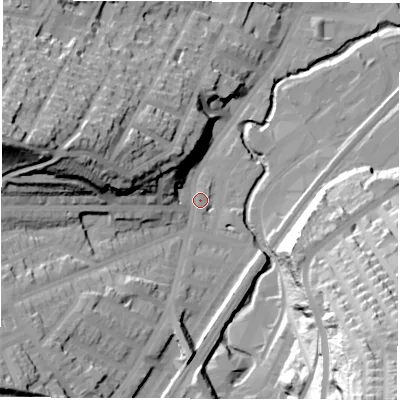 Shaded relief map of the ground around S72BE, computed from Environment Agency LiDAR. The ground here sits at about 80 m above sea level and falls 75 m across the surrounding 800 m. Surface water reaching this point runs off ground lying to the west-north-west, 45.4 m higher.