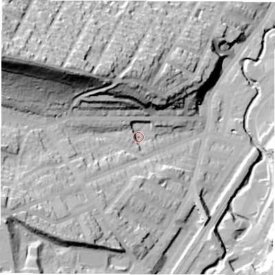 Shaded relief map of the ground around S72BF, computed from Environment Agency LiDAR. The ground here sits at about 85 m above sea level and falls 63 m across the surrounding 800 m. Surface water reaching this point runs off ground lying to the north-west, 5.8 m higher.