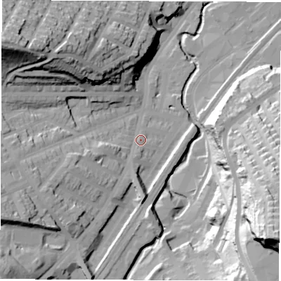 Shaded relief map of the ground around S72BG, computed from Environment Agency LiDAR. The ground here sits at about 82 m above sea level and falls 76 m across the surrounding 800 m. Surface water reaching this point runs off ground lying to the west-south-west, 10.8 m higher.