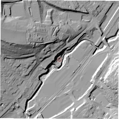 Shaded relief map of the ground around S72BP, computed from Environment Agency LiDAR. The ground here sits at about 88 m above sea level and falls 55 m across the surrounding 800 m. Surface water reaching this point runs off ground lying to the west-north-west, 53.0 m higher.