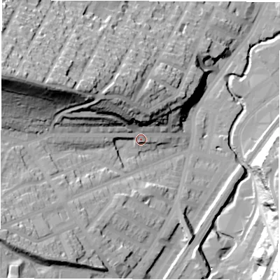 Shaded relief map of the ground around S72BQ, computed from Environment Agency LiDAR. The ground here sits at about 88 m above sea level and falls 60 m across the surrounding 800 m. Surface water reaching this point runs off ground lying to the north-west, 28.3 m higher.