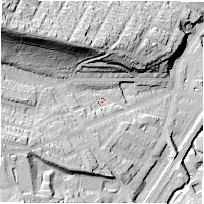Shaded relief map of the ground around S72BY, computed from Environment Agency LiDAR. The ground here sits at about 89 m above sea level and falls 66 m across the surrounding 800 m. Surface water reaching this point runs off ground lying to the north-west, 52.7 m higher.