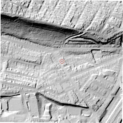 Shaded relief map of the ground around S72DP, computed from Environment Agency LiDAR. The ground here sits at about 95 m above sea level and falls 70 m across the surrounding 800 m. Surface water reaching this point runs off ground lying to the west-south-west, 36.1 m higher.