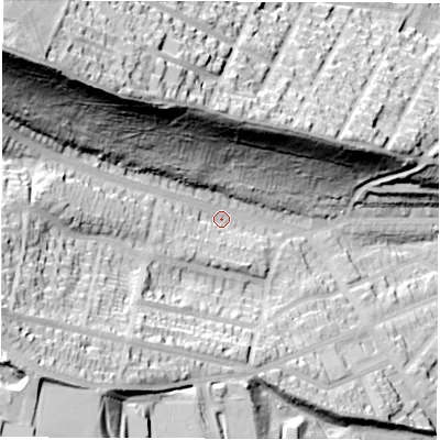 Shaded relief map of the ground around S72DQ, computed from Environment Agency LiDAR. The ground here sits at about 100 m above sea level and falls 79 m across the surrounding 800 m. Surface water reaching this point runs off ground lying to the west, 30.3 m higher.