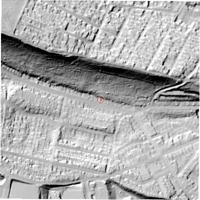 Shaded relief map of the ground around S72DR, computed from Environment Agency LiDAR. The ground here sits at about 99 m above sea level and falls 80 m across the surrounding 800 m. Surface water reaching this point runs off ground lying to the north-west, 66.6 m higher.