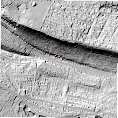 Shaded relief map of the ground around S72DT, computed from Environment Agency LiDAR. The ground here sits at about 109 m above sea level and falls 82 m across the surrounding 800 m. Surface water reaching this point runs off ground lying to the north-west, 62.7 m higher.