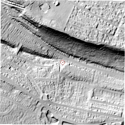 Shaded relief map of the ground around S72DU, computed from Environment Agency LiDAR. The ground here sits at about 117 m above sea level and falls 81 m across the surrounding 800 m. Surface water reaching this point runs off ground lying to the west, 47.7 m higher.