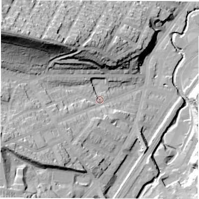 Shaded relief map of the ground around S72DX, computed from Environment Agency LiDAR. The ground here sits at about 87 m above sea level and falls 62 m across the surrounding 800 m. Surface water reaching this point runs off ground lying to the north-west, 48.3 m higher.