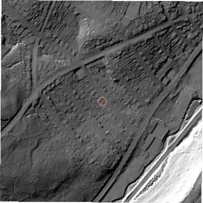 Shaded relief map of the ground around S72LQ, computed from Environment Agency LiDAR. The ground here sits at about 110 m above sea level and falls 60 m across the surrounding 800 m. Surface water reaching this point runs off ground lying to the west, 24.1 m higher.