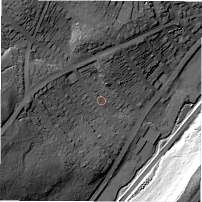 Shaded relief map of the ground around S72LR, computed from Environment Agency LiDAR. The ground here sits at about 109 m above sea level and falls 60 m across the surrounding 800 m. Surface water reaching this point runs off ground lying to the west, 24.0 m higher.