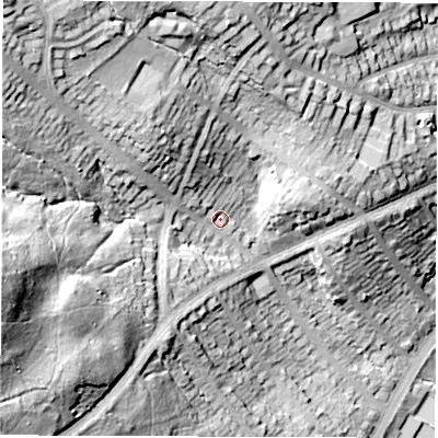 Shaded relief map of the ground around S72LS, computed from Environment Agency LiDAR. The ground here sits at about 121 m above sea level and falls 60 m across the surrounding 800 m. Surface water reaching this point runs off ground lying to the north-west, 32.2 m higher.