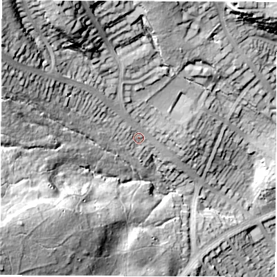 Shaded relief map of the ground around S72LT, computed from Environment Agency LiDAR. The ground here sits at about 137 m above sea level and falls 68 m across the surrounding 800 m. Surface water reaching this point runs off ground lying to the north-west, 39.8 m higher.
