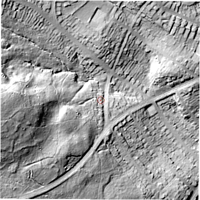 Shaded relief map of the ground around S72NA, computed from Environment Agency LiDAR. The ground here sits at about 128 m above sea level and falls 70 m across the surrounding 800 m. Surface water reaching this point runs off ground lying to the west-south-west, 21.7 m higher.