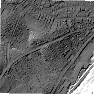 Shaded relief map of the ground around S72NF, computed from Environment Agency LiDAR. The ground here sits at about 120 m above sea level and falls 53 m across the surrounding 800 m. Surface water reaching this point runs off ground lying to the north, 3.1 m higher.