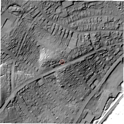 Shaded relief map of the ground around S72NJ, computed from Environment Agency LiDAR. The ground here sits at about 123 m above sea level and falls 52 m across the surrounding 800 m. Surface water reaching this point runs off ground lying to the north-north-west, 4.8 m higher.