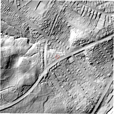 Shaded relief map of the ground around S72NL, computed from Environment Agency LiDAR. The ground here sits at about 123 m above sea level and falls 63 m across the surrounding 800 m. Surface water reaching this point runs off ground lying to the west, 39.2 m higher.