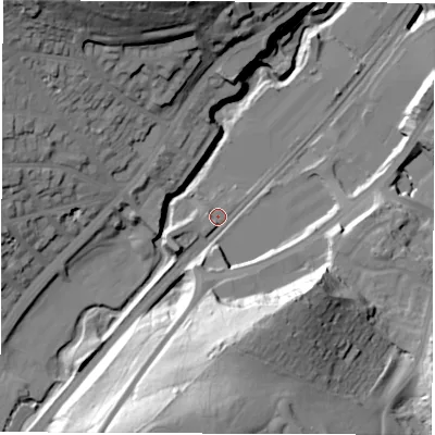 Shaded relief map of the ground around S72PY, computed from Environment Agency LiDAR. The ground here sits at about 94 m above sea level and falls 58 m across the surrounding 800 m. Surface water reaching this point runs off ground lying to the south-south-west, 36.9 m higher.
