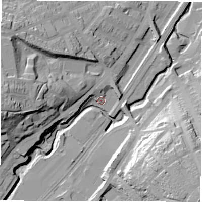 Shaded relief map of the ground around S72QA, computed from Environment Agency LiDAR. The ground here sits at about 89 m above sea level and falls 50 m across the surrounding 800 m. Surface water reaching this point runs off ground lying to the south-east, 44.0 m higher.