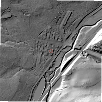 Shaded relief map of the ground around S72QJ, computed from Environment Agency LiDAR. The ground here sits at about 116 m above sea level and falls 67 m across the surrounding 800 m. Surface water reaching this point runs off ground lying to the west-north-west, 17.4 m higher.