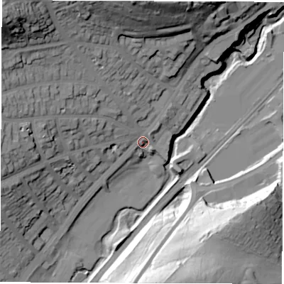Shaded relief map of the ground around S72QL, computed from Environment Agency LiDAR. The ground here sits at about 99 m above sea level and falls 57 m across the surrounding 800 m. Surface water reaching this point runs off ground lying to the north-west, 45.9 m higher.