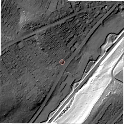 Shaded relief map of the ground around S72QP, computed from Environment Agency LiDAR. The ground here sits at about 105 m above sea level and falls 63 m across the surrounding 800 m. Surface water reaching this point runs off ground lying to the north-north-west, 18.1 m higher.