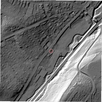 Shaded relief map of the ground around S72QQ, computed from Environment Agency LiDAR. The ground here sits at about 99 m above sea level and falls 65 m across the surrounding 800 m. Surface water reaching this point runs off ground lying to the north-west, 22.9 m higher.
