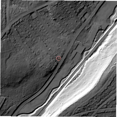 Shaded relief map of the ground around S72QR, computed from Environment Agency LiDAR. The ground here sits at about 107 m above sea level and falls 62 m across the surrounding 800 m. Surface water reaching this point runs off ground lying to the west, 24.8 m higher.