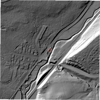 Shaded relief map of the ground around S72QT, computed from Environment Agency LiDAR. The ground here sits at about 108 m above sea level and falls 54 m across the surrounding 800 m. Surface water reaching this point runs off ground lying to the north-west, 46.0 m higher.