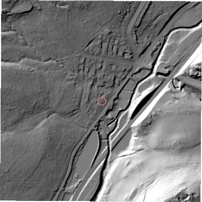 Shaded relief map of the ground around S72QU, computed from Environment Agency LiDAR. The ground here sits at about 116 m above sea level and falls 85 m across the surrounding 800 m. Surface water reaching this point runs off ground lying to the west-north-west, 7.3 m higher.