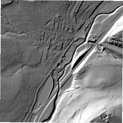 Shaded relief map of the ground around S72QW, computed from Environment Agency LiDAR. The ground here sits at about 111 m above sea level and falls 86 m across the surrounding 800 m. Surface water reaching this point runs off ground lying to the west-north-west, 28.7 m higher.