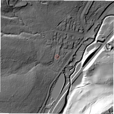 Shaded relief map of the ground around S72RB, computed from Environment Agency LiDAR. The ground here sits at about 121 m above sea level and falls 85 m across the surrounding 800 m. Surface water reaching this point runs off ground lying to the west-north-west, 21.8 m higher.