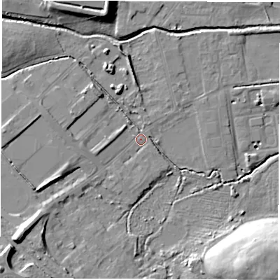 Shaded relief map of the ground around S730BD, computed from Environment Agency LiDAR. The ground here sits at about 26 m above sea level and falls 24 m across the surrounding 800 m. Surface water reaching this point runs off ground lying to the south-west, 13.1 m higher.