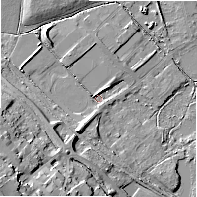 Shaded relief map of the ground around S730BG, computed from Environment Agency LiDAR. The ground here sits at about 27 m above sea level and falls 38 m across the surrounding 800 m. Surface water reaching this point runs off ground lying to the south, 3.6 m higher.