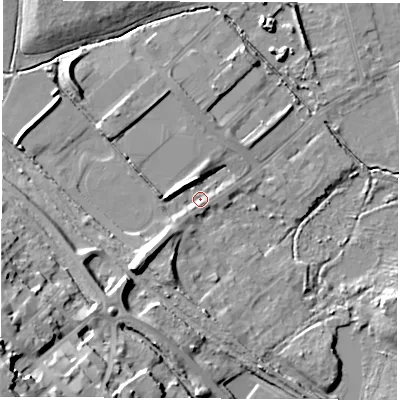 Shaded relief map of the ground around S730BJ, computed from Environment Agency LiDAR. The ground here sits at about 27 m above sea level and falls 35 m across the surrounding 800 m. Surface water reaching this point runs off ground lying to the south-west, 3.7 m higher.