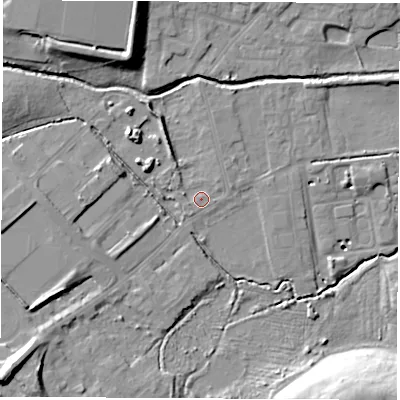 Shaded relief map of the ground around S730BN, computed from Environment Agency LiDAR. The ground here sits at about 26 m above sea level and falls 24 m across the surrounding 800 m. Surface water reaching this point runs off ground lying to the west-north-west, 1.5 m higher.