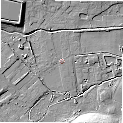Shaded relief map of the ground around S730BP, computed from Environment Agency LiDAR. The ground here sits at about 26 m above sea level and falls 20 m across the surrounding 800 m. Surface water reaching this point runs off ground lying to the west-north-west, 1.4 m higher.