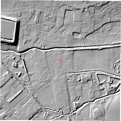 Shaded relief map of the ground around S730BQ, computed from Environment Agency LiDAR. The ground here sits at about 26 m above sea level and falls 17 m across the surrounding 800 m. Surface water reaching this point runs off ground lying to the west-north-west, 2.4 m higher.