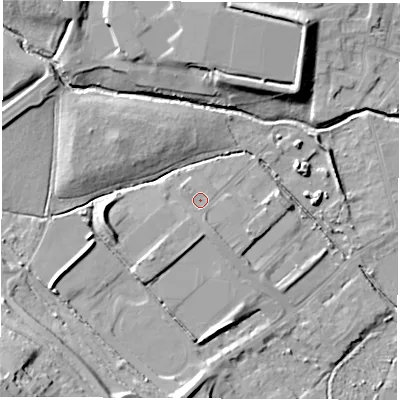 Shaded relief map of the ground around S730BS, computed from Environment Agency LiDAR. The ground here sits at about 28 m above sea level and falls 25 m across the surrounding 800 m. Surface water reaching this point runs off ground lying to the south-west, 0.9 m higher.