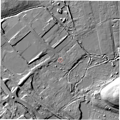 Shaded relief map of the ground around S730BT, computed from Environment Agency LiDAR. The ground here sits at about 26 m above sea level and falls 28 m across the surrounding 800 m. Surface water reaching this point runs off ground lying to the east-north-east, 1.3 m higher.