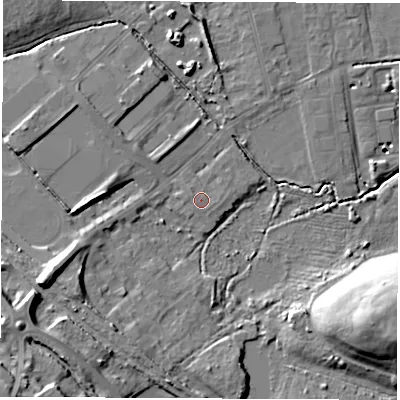Shaded relief map of the ground around S730BU, computed from Environment Agency LiDAR. The ground here sits at about 26 m above sea level and falls 28 m across the surrounding 800 m. Surface water reaching this point runs off ground lying to the south-west, 0.7 m higher.