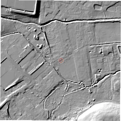 Shaded relief map of the ground around S730BW, computed from Environment Agency LiDAR. The ground here sits at about 26 m above sea level and falls 24 m across the surrounding 800 m. Surface water reaching this point runs off ground lying to the north-east, 0.8 m higher.