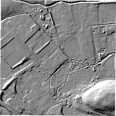 Shaded relief map of the ground around S730BX, computed from Environment Agency LiDAR. The ground here sits at about 26 m above sea level and falls 24 m across the surrounding 800 m. Surface water reaching this point runs off ground lying to the south-south-west, 0.8 m higher.