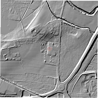 Shaded relief map of the ground around S730FD, computed from Environment Agency LiDAR. The ground here sits at about 23 m above sea level and falls 11 m across the surrounding 800 m. Surface water reaching this point runs off ground lying to the north-north-west, 6.3 m higher.
