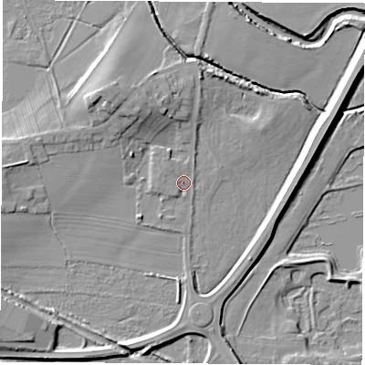 Shaded relief map of the ground around S730FH, computed from Environment Agency LiDAR. The ground here sits at about 23 m above sea level and falls 11 m across the surrounding 800 m. Surface water reaching this point runs off ground lying to the north-north-west, 6.3 m higher.